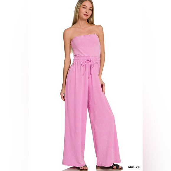 Zenana Outfitters Pants - Zenana Outfitters Mauve Strapless Wide-Leg Jumpsuit